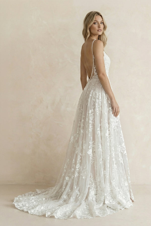 A Line V Neck Lace Wedding Dress With Slit - KISS BRIDAL Wedding Dresses