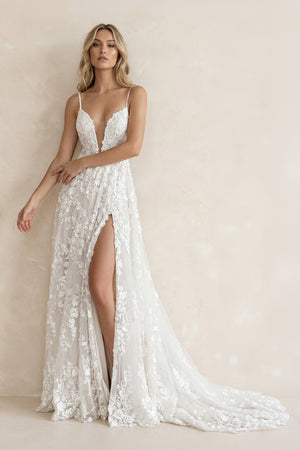 A Line V Neck Lace Wedding Dress With Slit - KISS BRIDAL Wedding Dresses