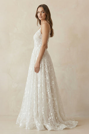 A - Line V Neck Lace Wedding Dresses in White and Nude - KISS BRIDAL Wedding Dresses
