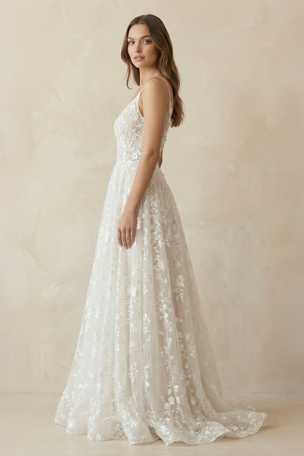 A - Line V Neck Lace Wedding Dresses in White and Nude - KISS BRIDAL Wedding Dresses