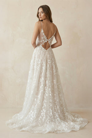 A - Line V Neck Lace Wedding Dresses in White and Nude - KISS BRIDAL Wedding Dresses
