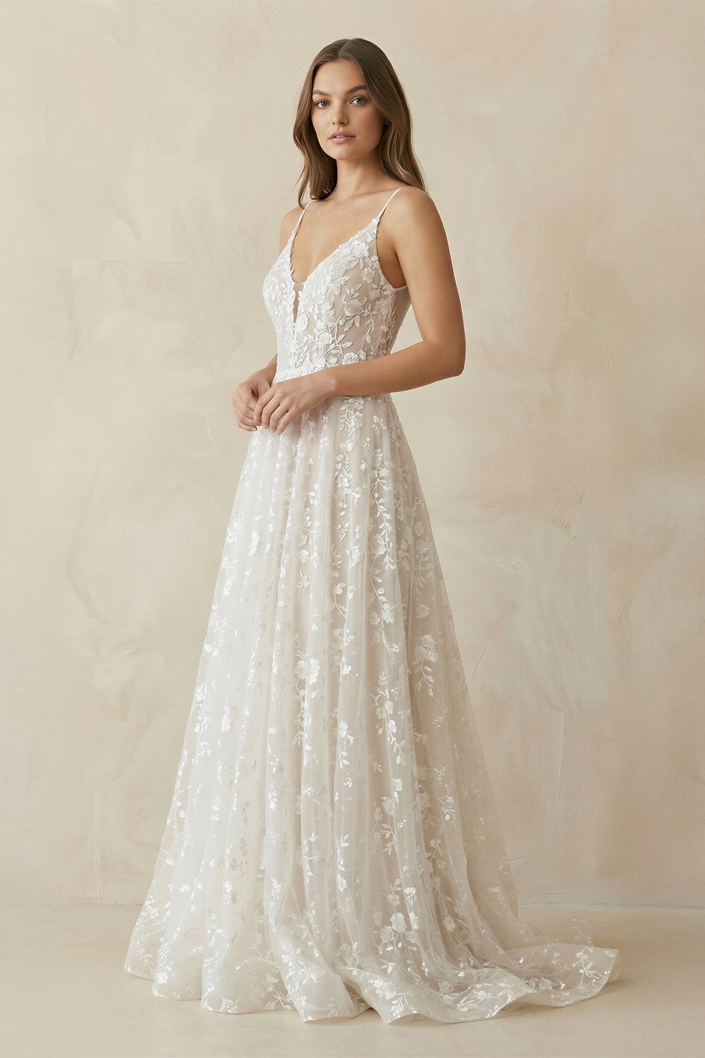 A-Line V Neck Lace Wedding Dresses in White and Nude