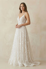 A - Line V Neck Lace Wedding Dresses in White and Nude - KISS BRIDAL Wedding Dresses