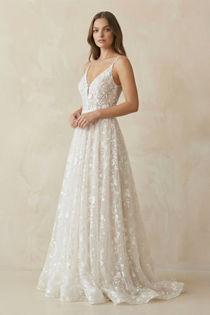 A - Line V Neck Lace Wedding Dresses in White and Nude - KISS BRIDAL Wedding Dresses