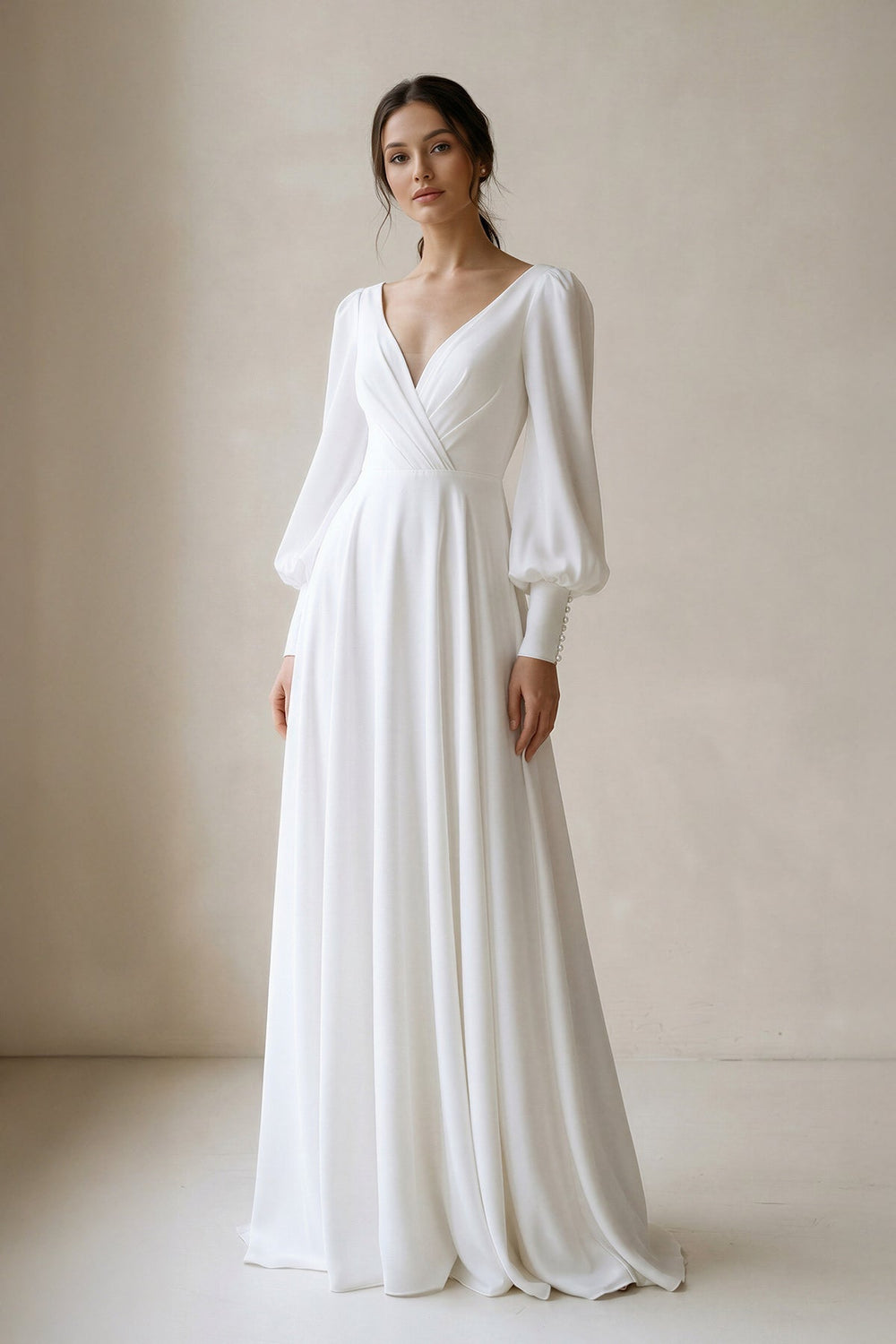 A-Line V-Neck Long Sleeves Chiffon Wedding Dresses in White