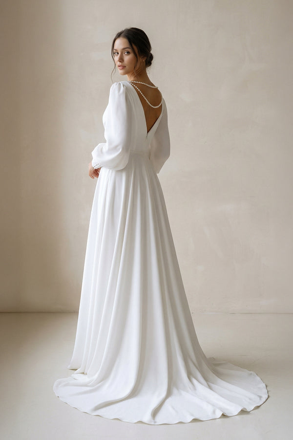 A - Line V - Neck Long Sleeves Chiffon Wedding Dresses in White - KISS BRIDAL Wedding Dresses