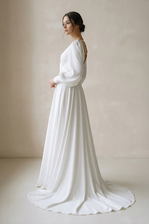 A - Line V - Neck Long Sleeves Chiffon Wedding Dresses in White - KISS BRIDAL Wedding Dresses
