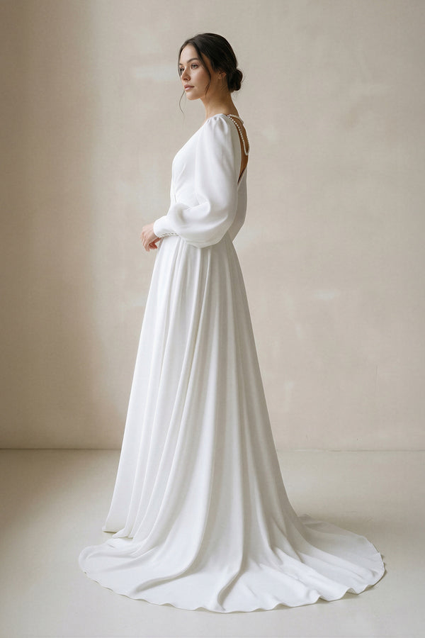 A - Line V - Neck Long Sleeves Chiffon Wedding Dresses in White - KISS BRIDAL Wedding Dresses