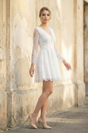 A Line V Neck Long Sleeves Lace Short Wedding Dress in White - KISS BRIDAL Wedding Dresses