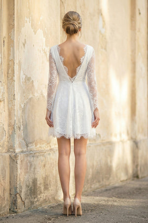 A Line V Neck Long Sleeves Lace Short Wedding Dress in White - KISS BRIDAL Wedding Dresses