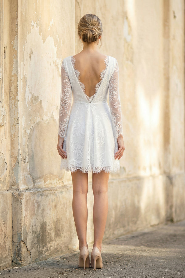 A Line V Neck Long Sleeves Lace Short Wedding Dress in White - KISS BRIDAL Wedding Dresses