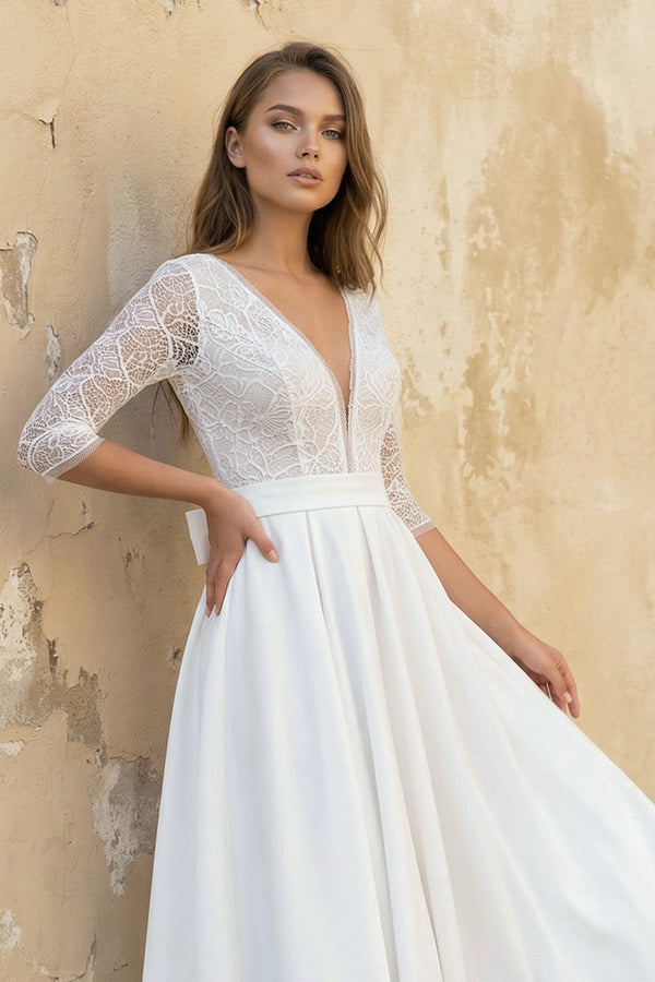 A Line V Neck Long Sleeves Satin Wedding Dress in White - KISS BRIDAL Wedding Dresses
