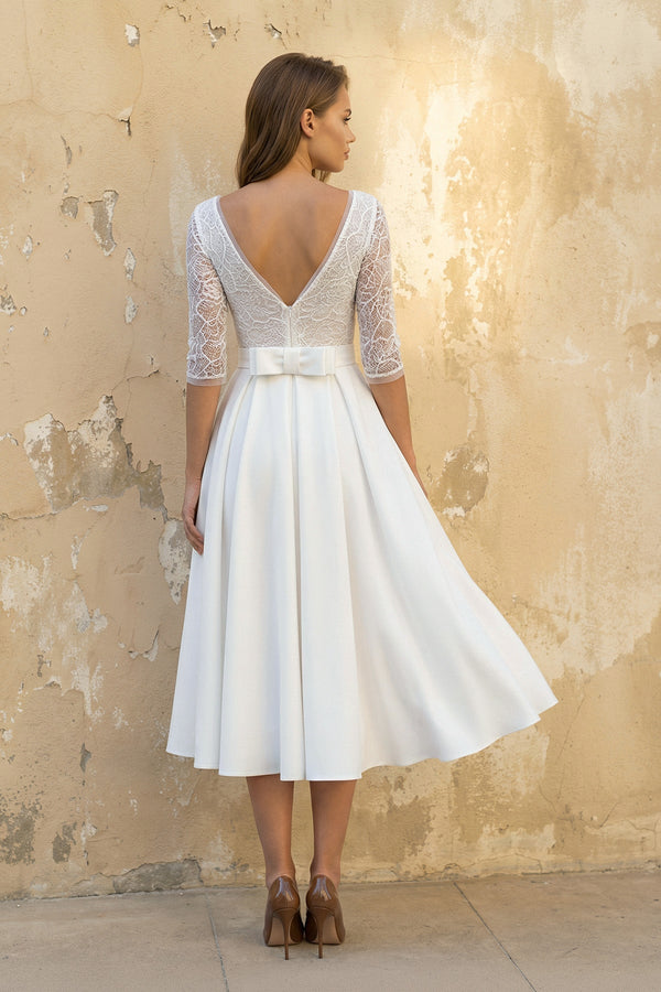 A Line V Neck Long Sleeves Satin Wedding Dress in White - KISS BRIDAL Wedding Dresses
