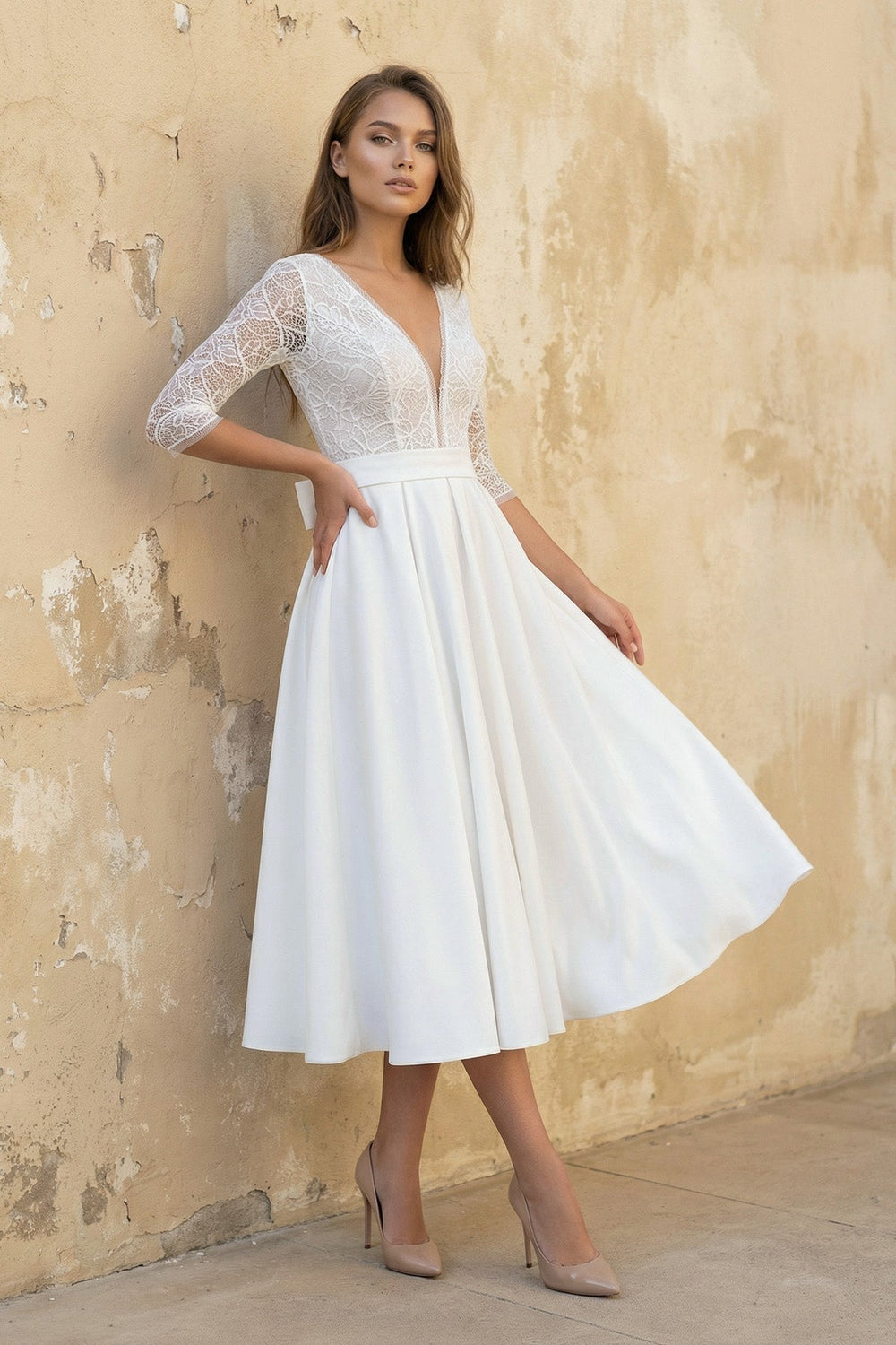A Line V Neck 3/4 Sleeves Satin Wedding Dress in White