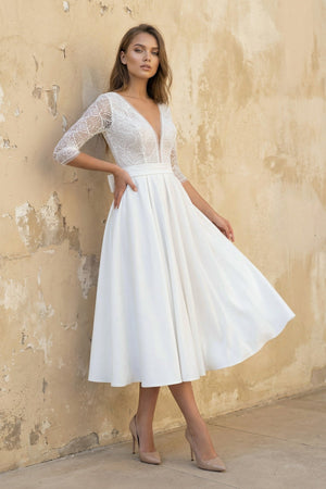 A Line V Neck Long Sleeves Satin Wedding Dress in White - KISS BRIDAL Wedding Dresses