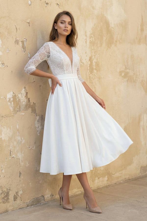 A Line V Neck Long Sleeves Satin Wedding Dress in White - KISS BRIDAL Wedding Dresses