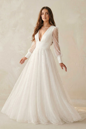 A Line V Neck Long Sleeves Tulle Wedding Dress - KISS BRIDAL Wedding Dresses