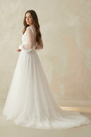 A Line V Neck Long Sleeves Tulle Wedding Dress - KISS BRIDAL Wedding Dresses