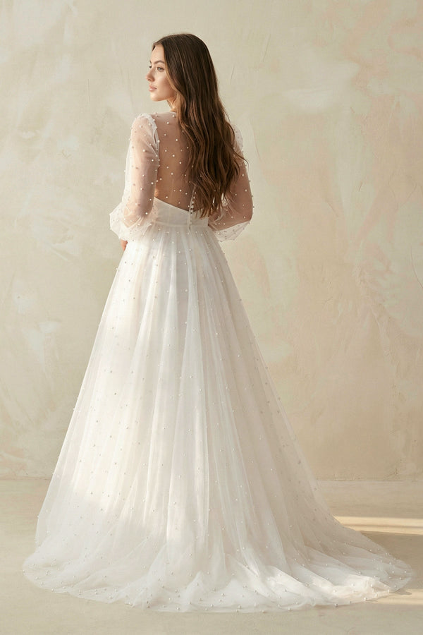 A Line V Neck Long Sleeves Tulle Wedding Dress - KISS BRIDAL Wedding Dresses