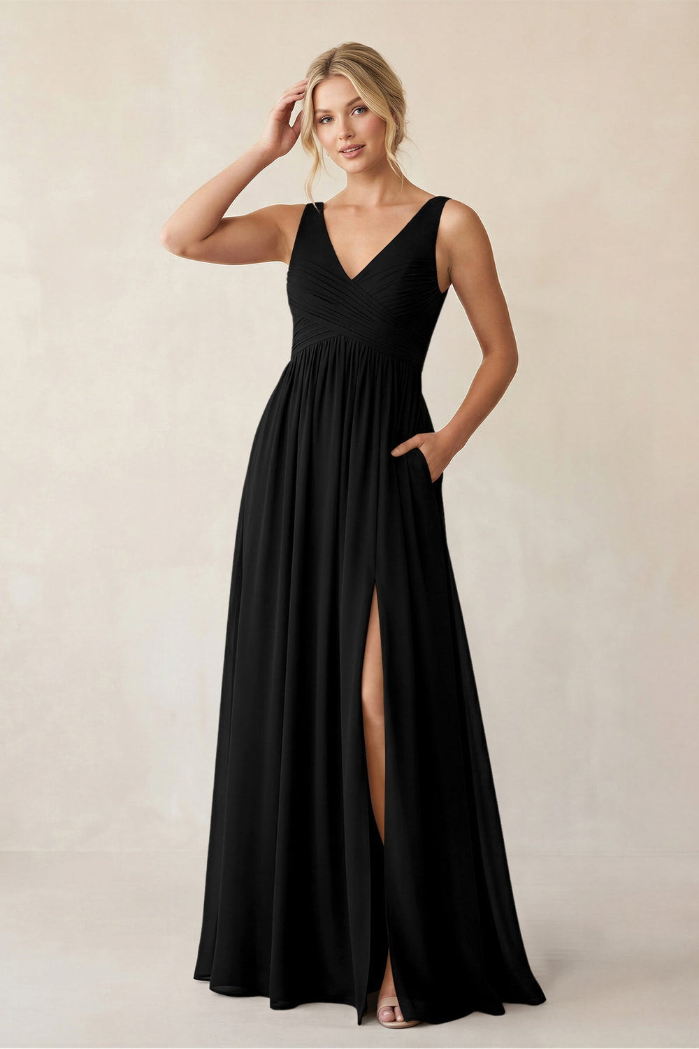 A-Line V-Neck Pleated Chiffon Bridesmaid Dress in Black