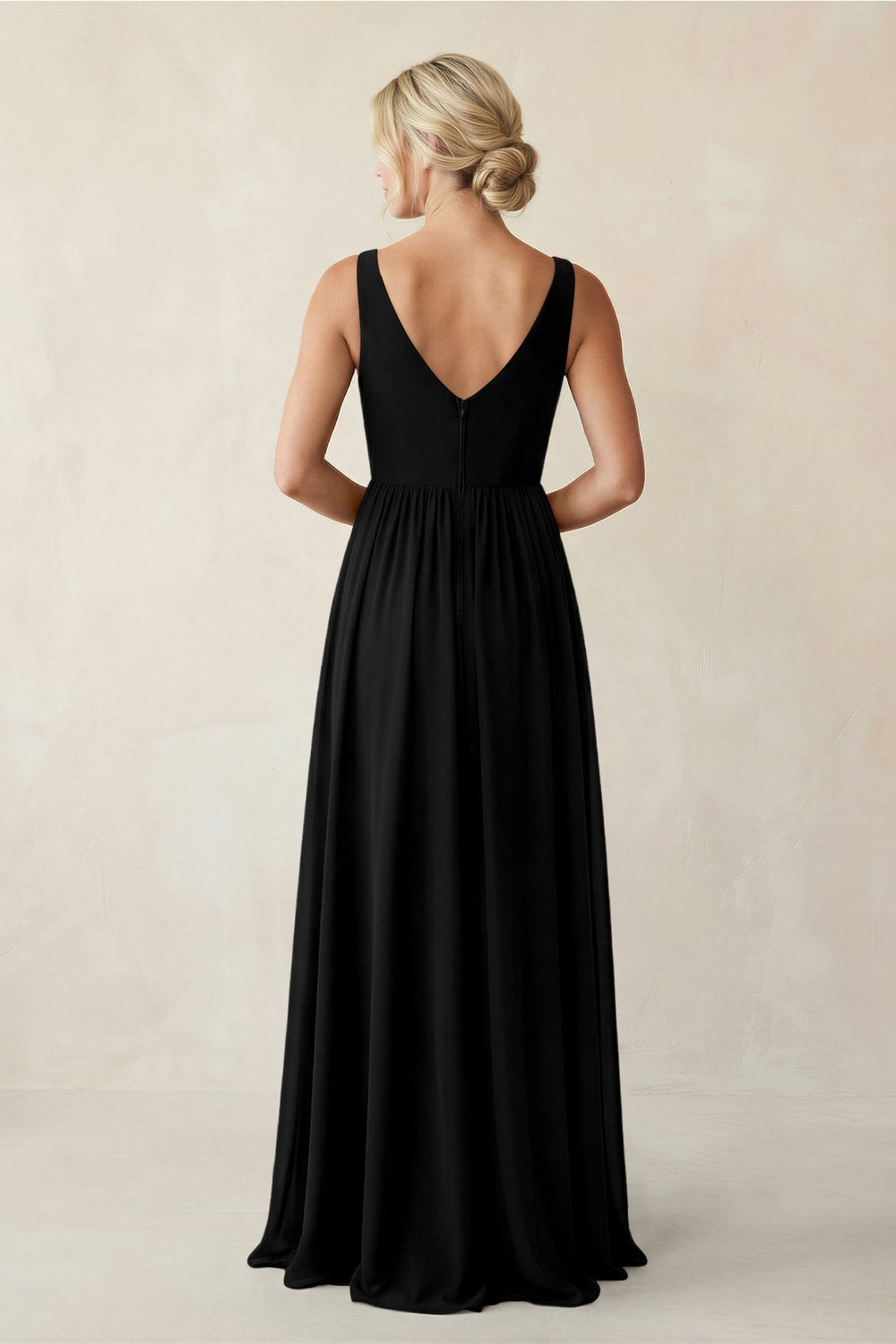 A-Line V-Neck Pleated Chiffon Bridesmaid Dress in Black
