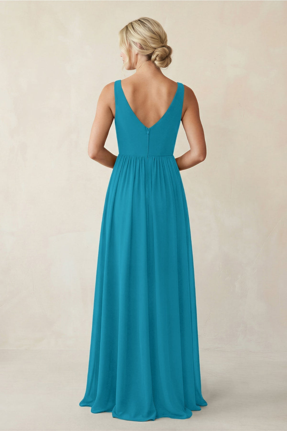 A-Line V-Neck Pleated Chiffon Bridesmaid Dress in Blue Jay