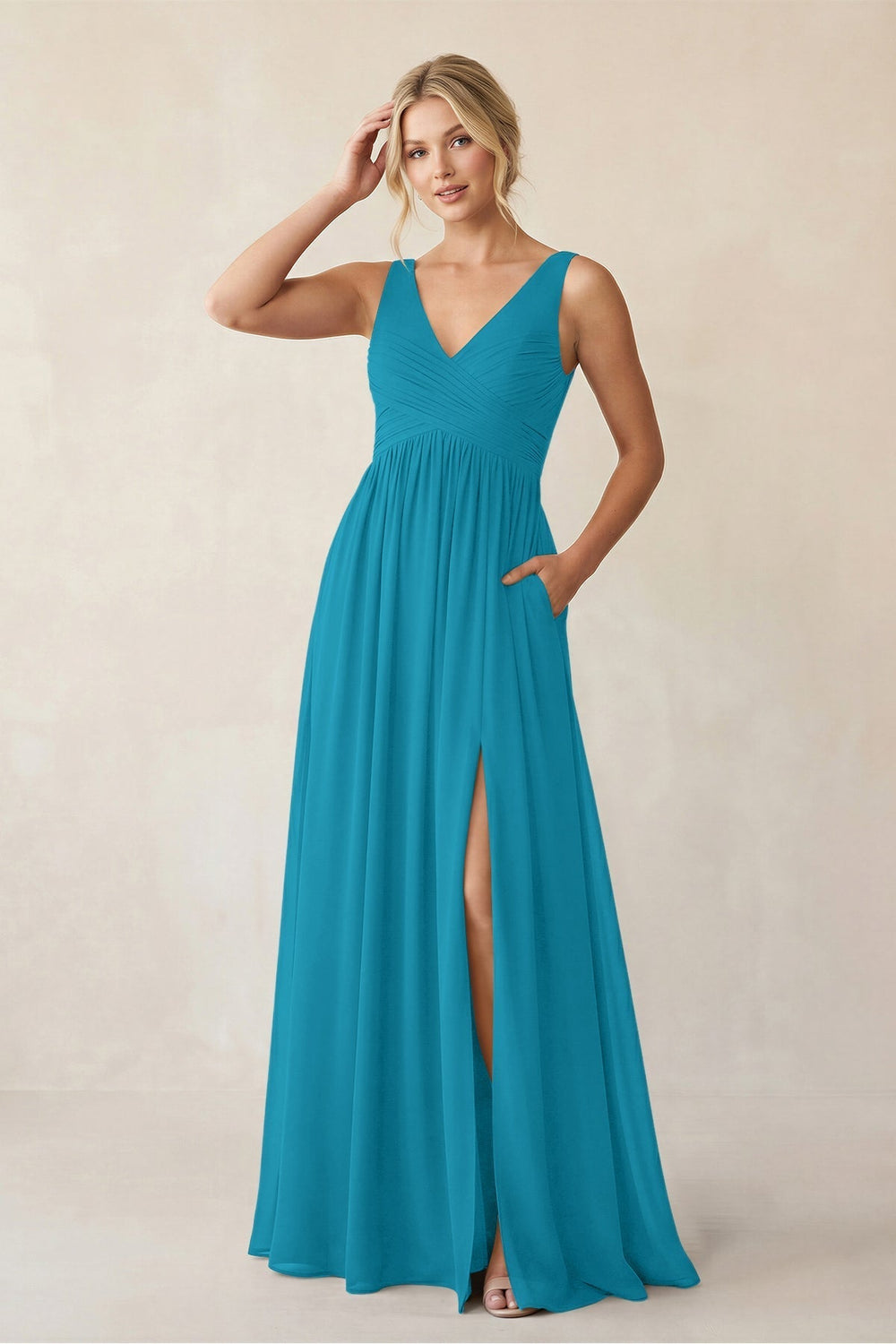 A-Line V-Neck Pleated Chiffon Bridesmaid Dress in Blue Jay