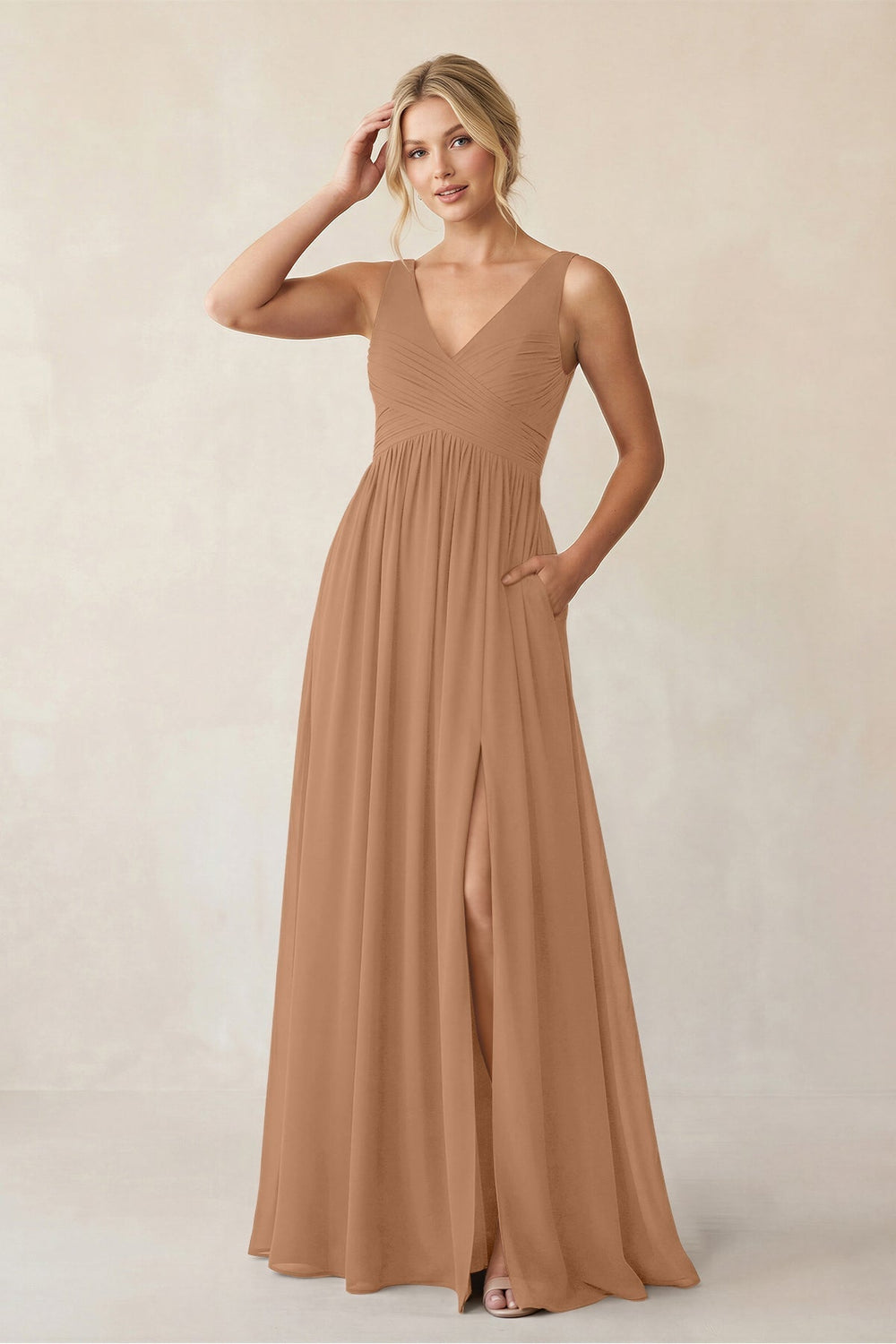 A-Line V-Neck Pleated Chiffon Bridesmaid Dress in Bronzer