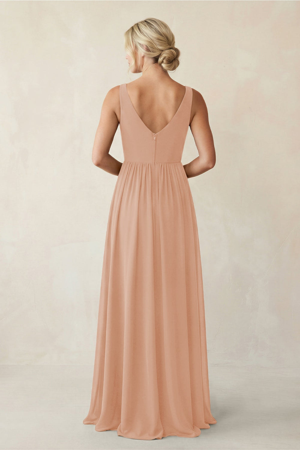 A-Line V-Neck Pleated Chiffon Bridesmaid Dress in Champagne Rose
