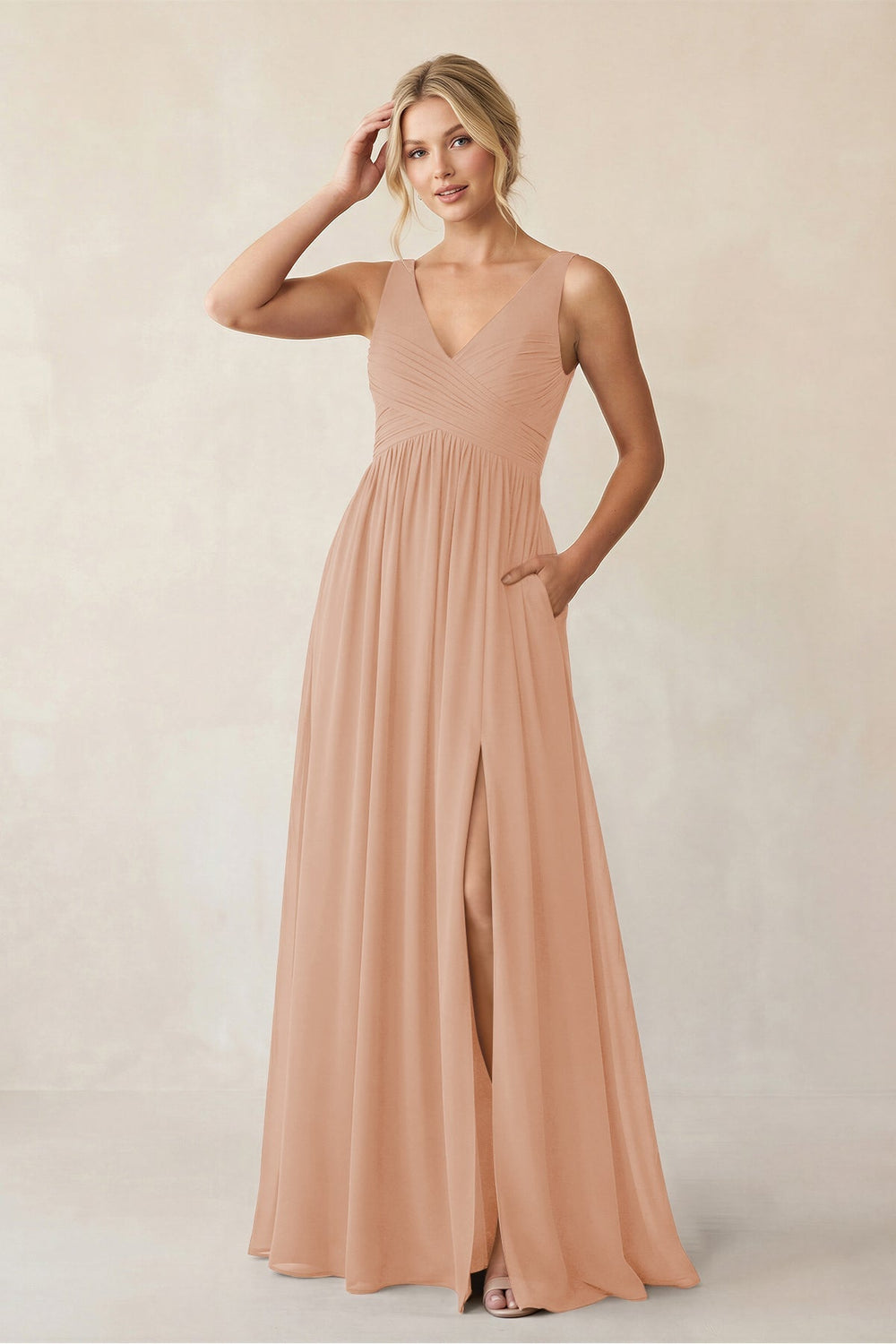 A-Line V-Neck Pleated Chiffon Bridesmaid Dress in Champagne Rose