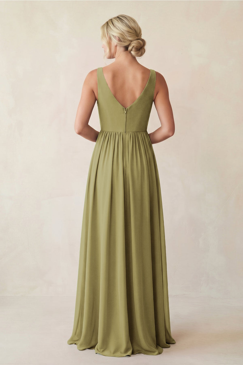 A-Line V-Neck Pleated Chiffon Bridesmaid Dress in Moss Green