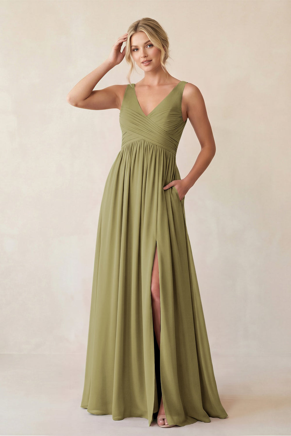 A-Line V-Neck Pleated Chiffon Bridesmaid Dress in Moss Green