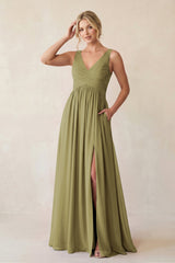 A-Line V-Neck Pleated Chiffon Bridesmaid Dress in Moss Green | KISSBRIDAL