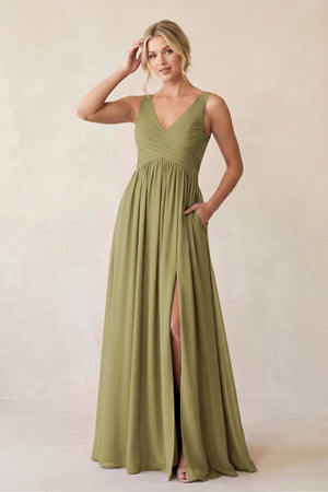 A-Line V-Neck Pleated Chiffon Bridesmaid Dress in Moss Green | KISSBRIDAL