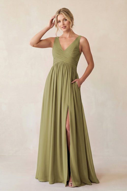 A-Line V-Neck Pleated Chiffon Bridesmaid Dress in Moss Green | KISSBRIDAL