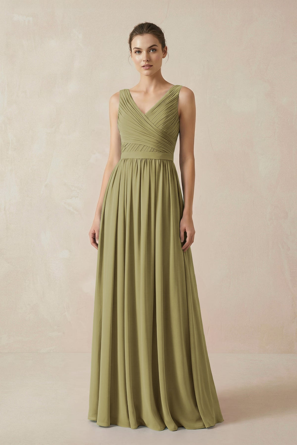 A-Line V-Neck Pleated Chiffon Bridesmaid Dress in Moss Green