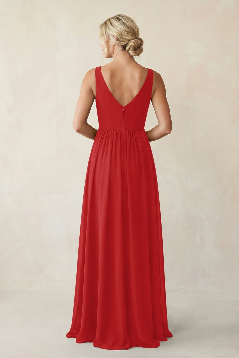A-Line V-Neck Pleated Chiffon Bridesmaid Dress in Ruby Red