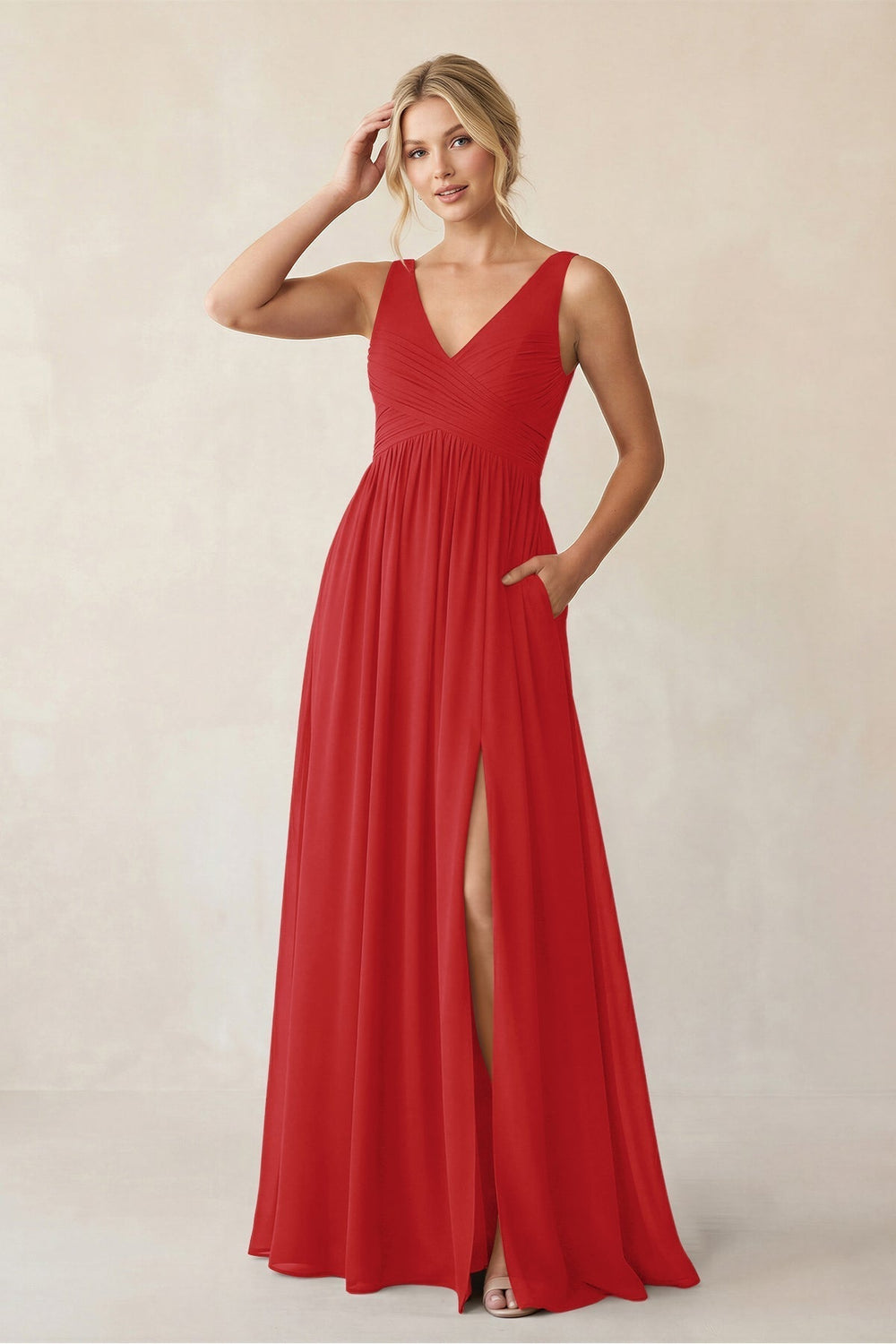 A-Line V-Neck Pleated Chiffon Bridesmaid Dress in Ruby Red