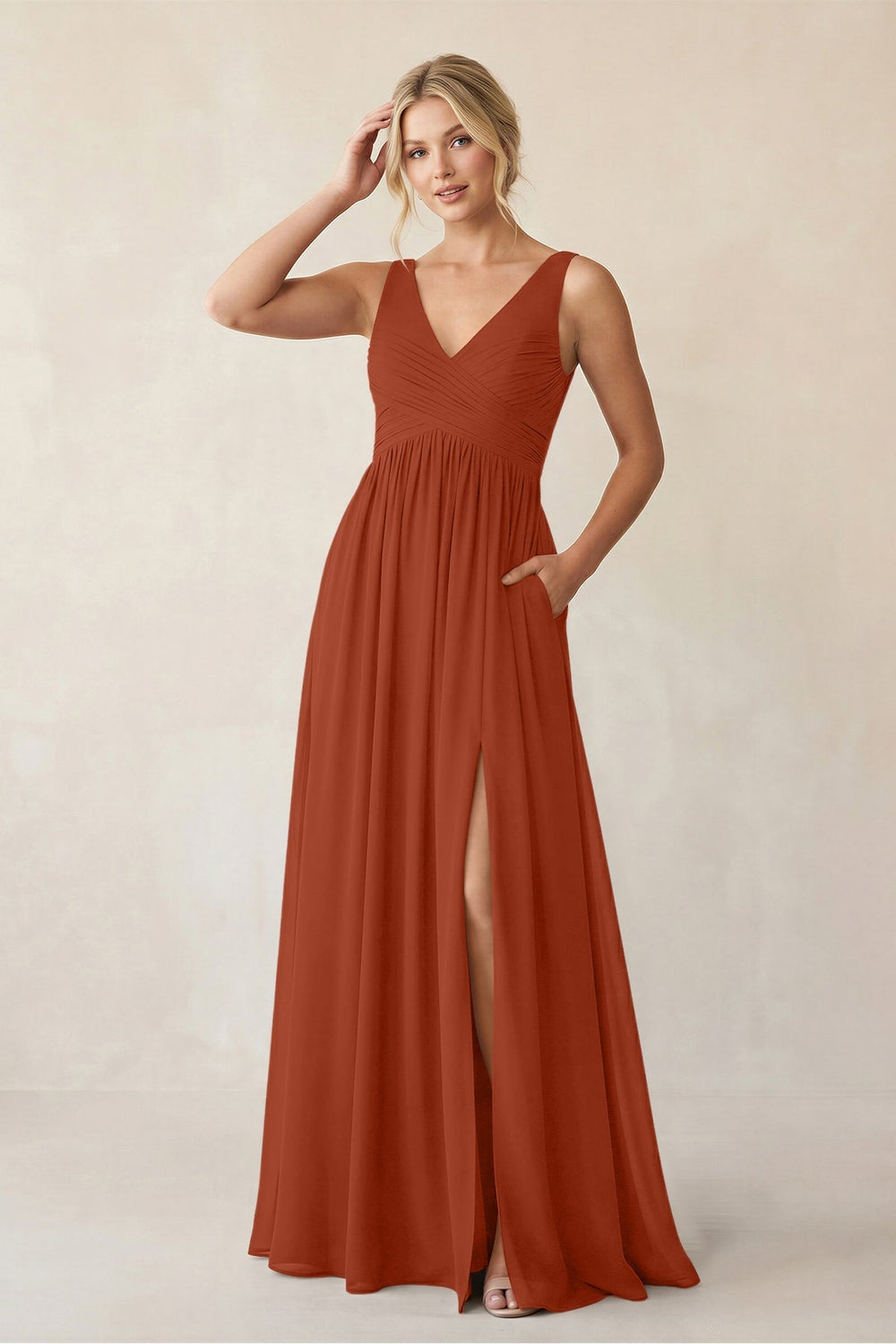 A-Line V-Neck Pleated Chiffon Bridesmaid Dress in Spice