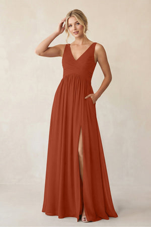 A - Line V - Neck Pleated Chiffon Bridesmaid Dress in Spice - KISS BRIDAL Bridesmaid Dresses