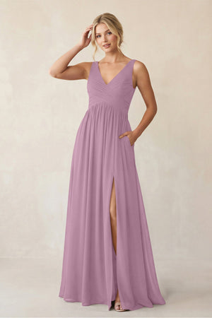 A - Line V - Neck Pleated Chiffon Bridesmaid Dress in Wisteria - KISS BRIDAL Bridesmaid Dresses
