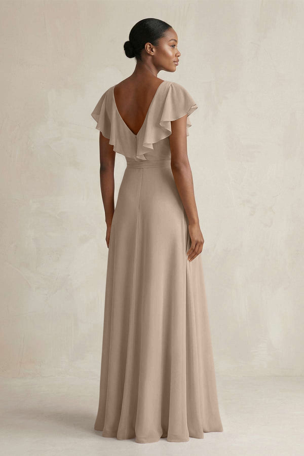 A-Line V-Neck Ruffled Sleeve Chiffon Bridesmaid Dress in Almond (2) | KISSBRIDAL