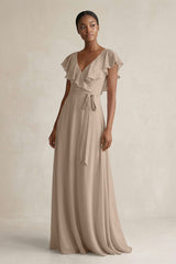 A-Line V-Neck Ruffled Sleeve Chiffon Bridesmaid Dress in Almond | KISSBRIDAL