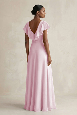 A-Line V-Neck Ruffled Sleeve Chiffon Bridesmaid Dress in Candy Pink (2) | KISSBRIDAL