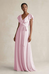 A-Line V-Neck Ruffled Sleeve Chiffon Bridesmaid Dress in Candy Pink | KISSBRIDAL