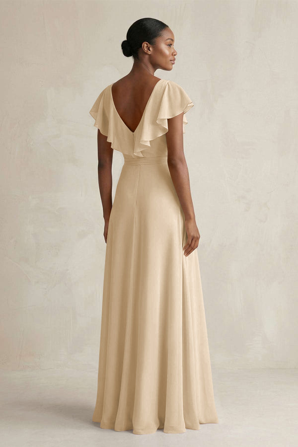 A-Line V-Neck Ruffled Sleeve Chiffon Bridesmaid Dress in Champagne (2) | KISSBRIDAL