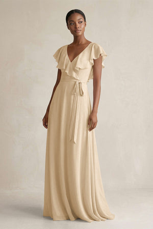 A-Line V-Neck Ruffled Sleeve Chiffon Bridesmaid Dress in Champagne | KISSBRIDAL