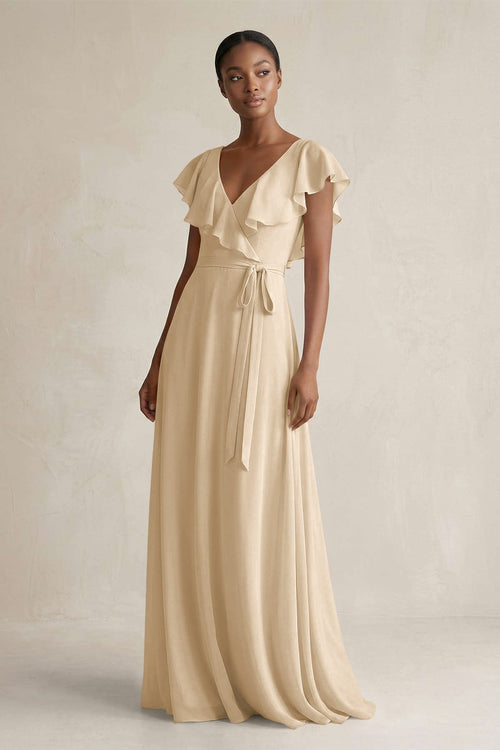 A-Line V-Neck Ruffled Sleeve Chiffon Bridesmaid Dress in Champagne | KISSBRIDAL