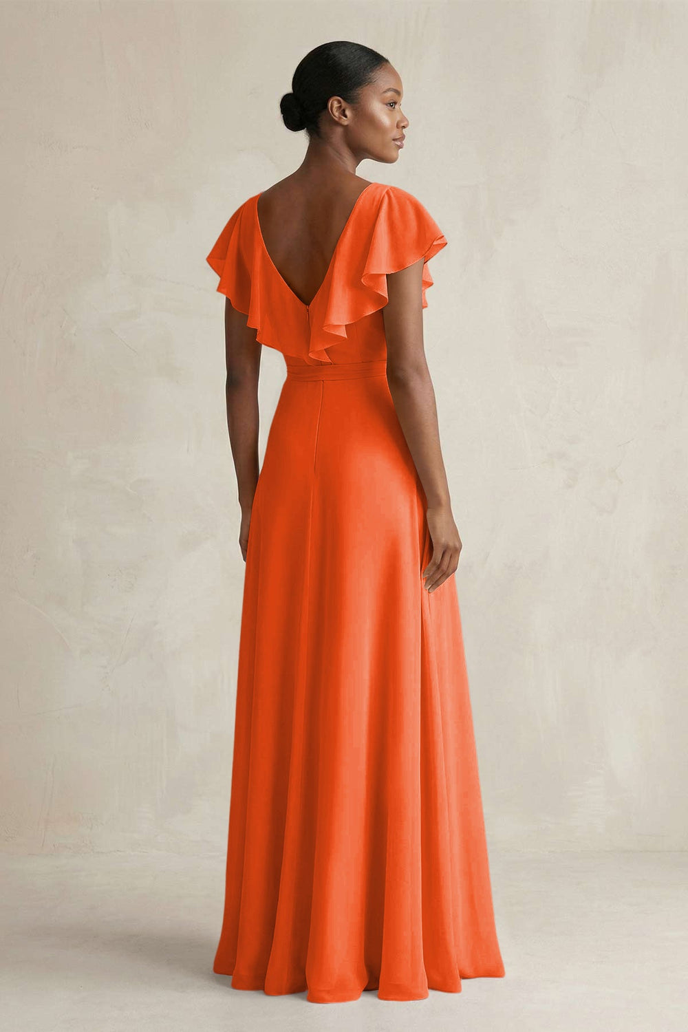 A-Line V-Neck Ruffled Sleeve Chiffon Bridesmaid Dress in Cinnamon