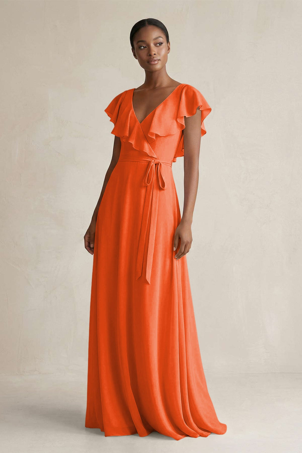 A-Line V-Neck Ruffled Sleeve Chiffon Bridesmaid Dress in Cinnamon